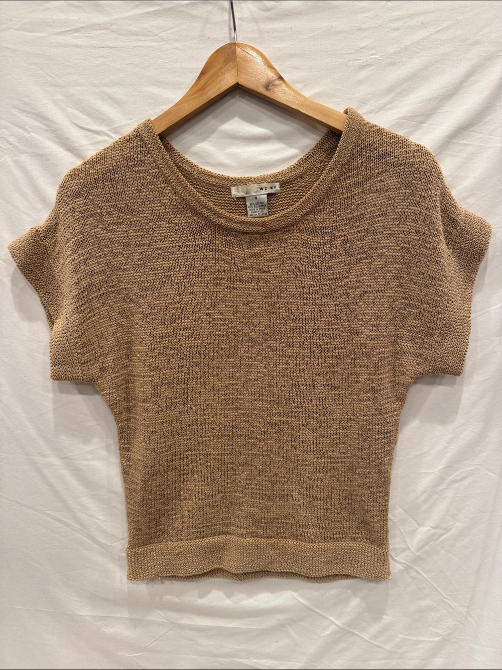 WD.NY Camel Brown Short Sleeve Knit Top, Cotton-Blend, Size Small